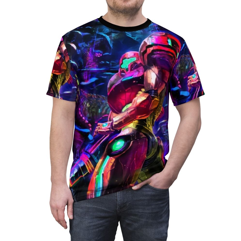 Metroid-inspired graphic t-shirt featuring Samus Aran, the iconic protagonist from the Metroid video game series - men front