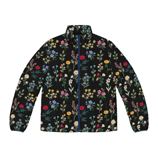 Spring Botanicals Black Puffer Jacket with Floral Pattern