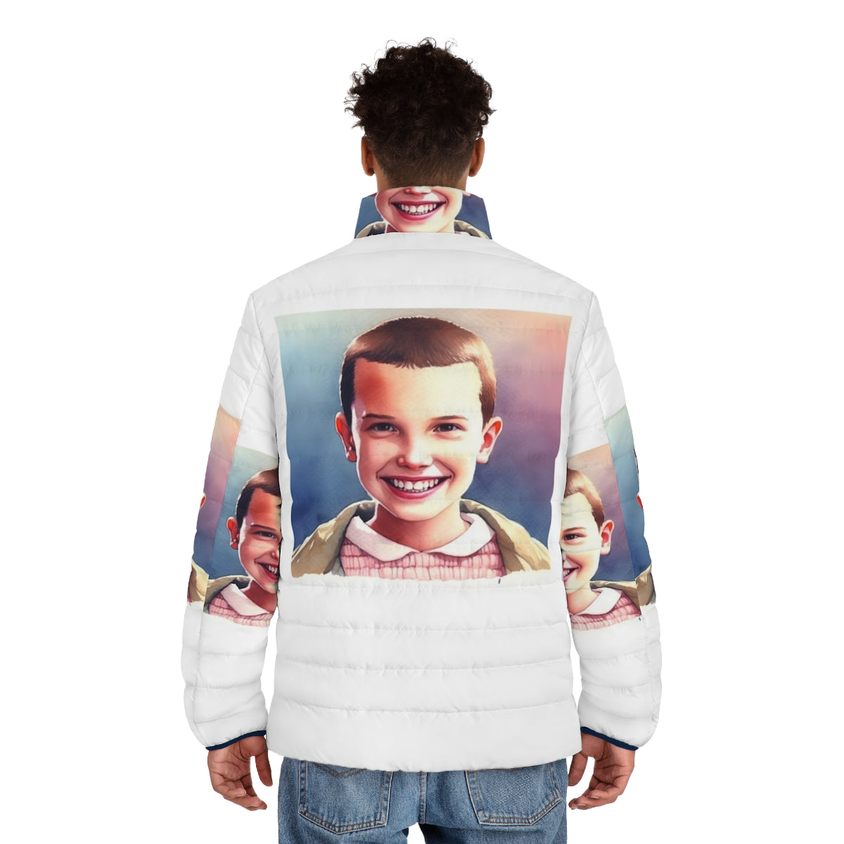 Eleven Stranger Things Puffer Jacket with Focus Keyword - men back