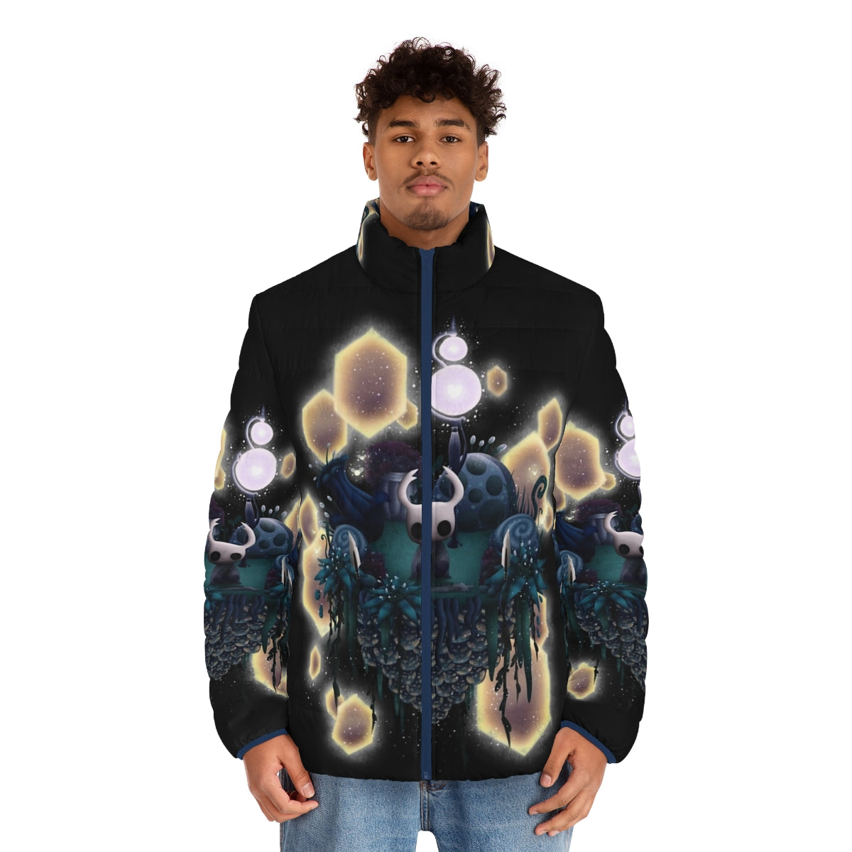 Hollow Knight Island Puffer Jacket featuring the iconic Hollow Knight logo and design - men front