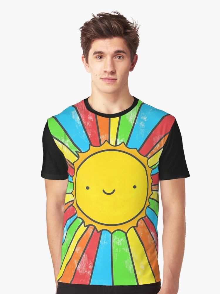 Radiate Positivity graphic t-shirt featuring a colorful design with a smiling sun, rainbows, and positive quotes. - Men