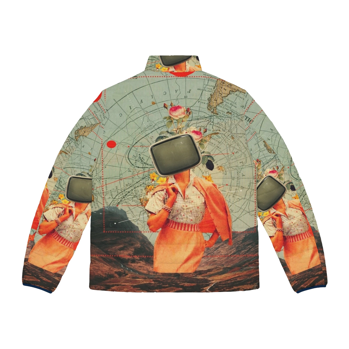 Retro graphic design puffer jacket with surreal collage elements - Back