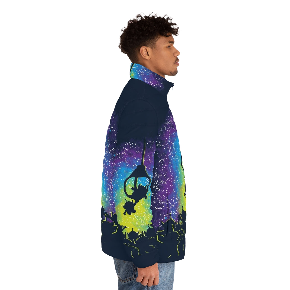 Master Puffer Jacket with vibrant alien and UFO design - men side right