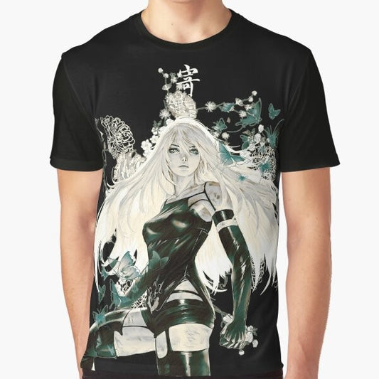 Dark fantasy graphic t-shirt featuring Nier Automata inspired flowers and butterflies