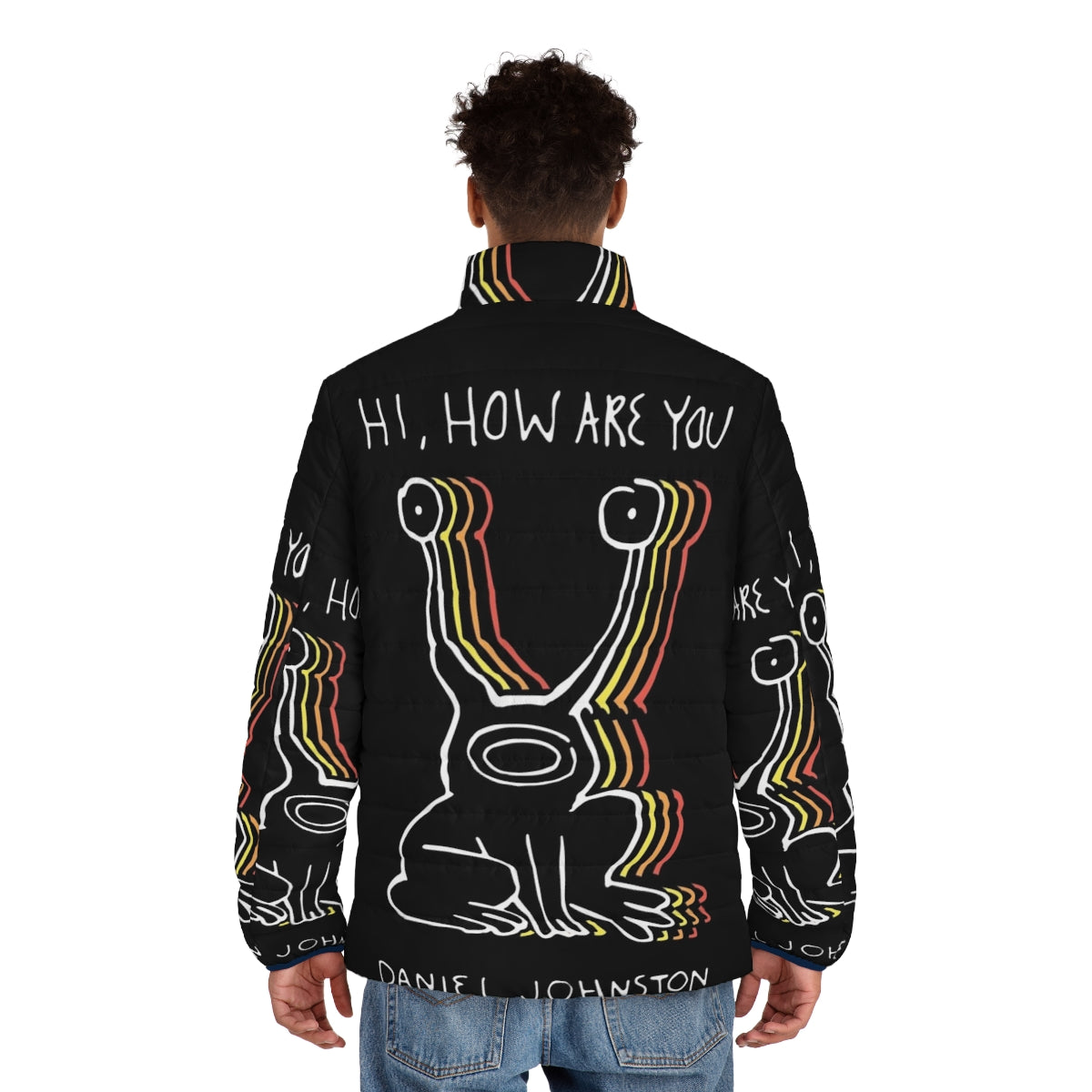 Hi How Are You Inspired Puffer Jacket with Daniel Johnston Artwork - men back