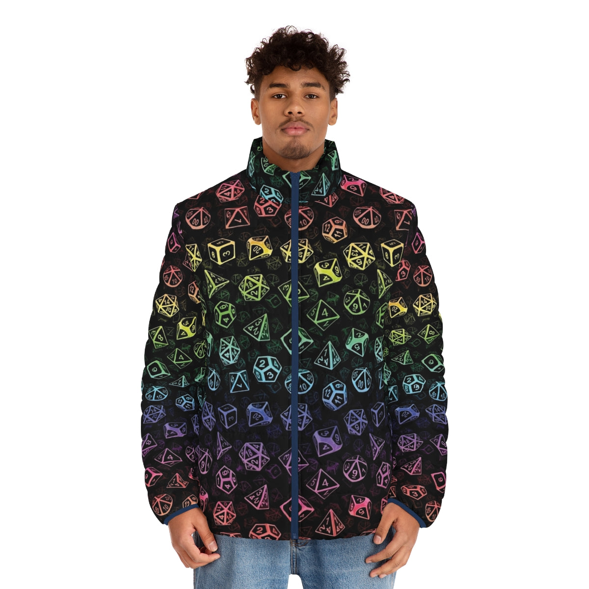 Rainbow-colored d20 dice pattern puffer jacket for tabletop RPG fans - men front