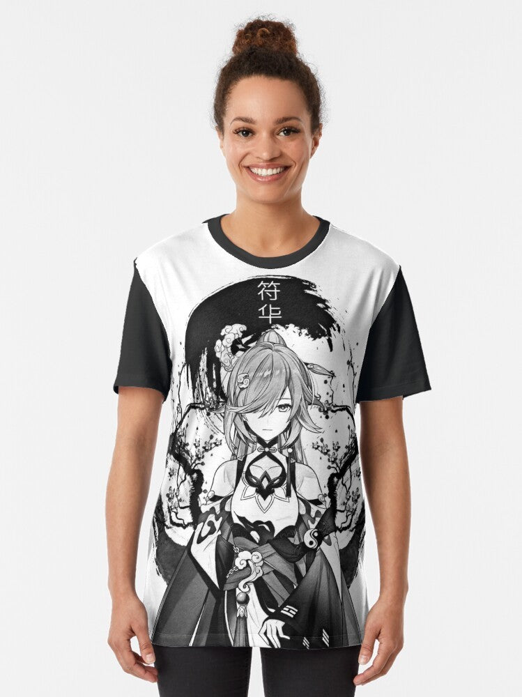 Anime-inspired fantasy graphic t-shirt featuring Honkai Impact and Genshin Impact inspired designs with pencil sketches, ink splatters, and monochrome elements. - Women