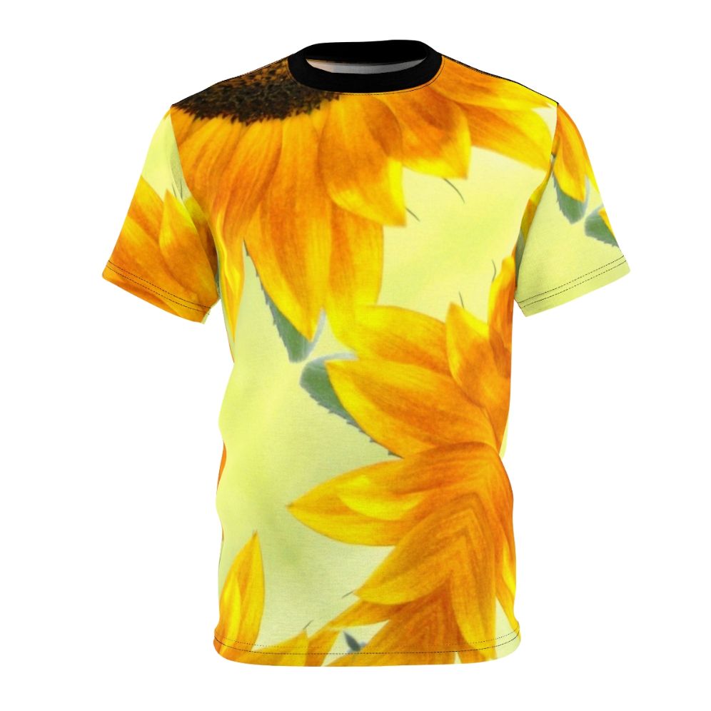 Sunflower pattern t-shirt with vibrant yellow, mustard, and green colors in a bohemian, impressionist style.