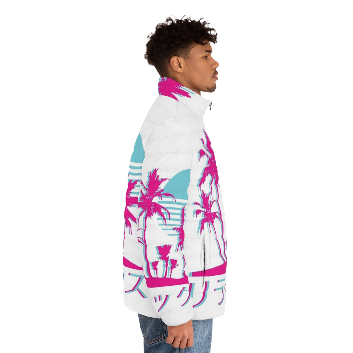 Retro vaporwave puffer jacket with neon palm design - men side right