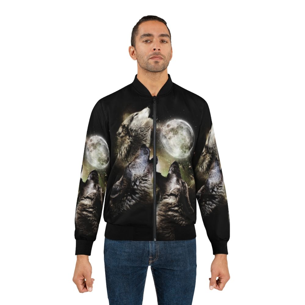 Three wolves howling at the full moon on a vintage-style bomber jacket - Lifestyle