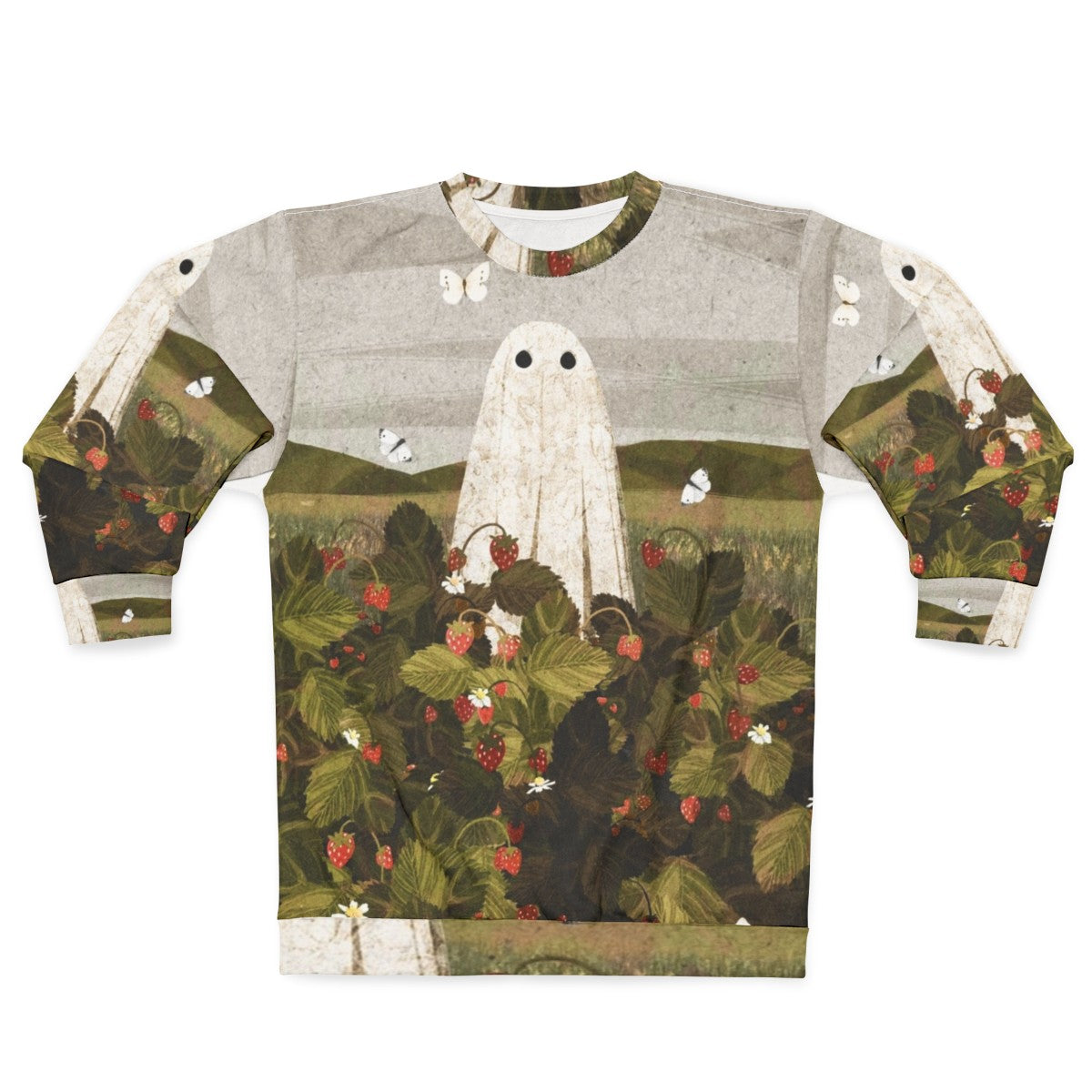 Strawberry Fields ghostly sweatshirt with haunting floral design