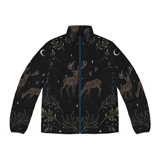 Deers in the moonlight puffer jacket with botanical and floral designs