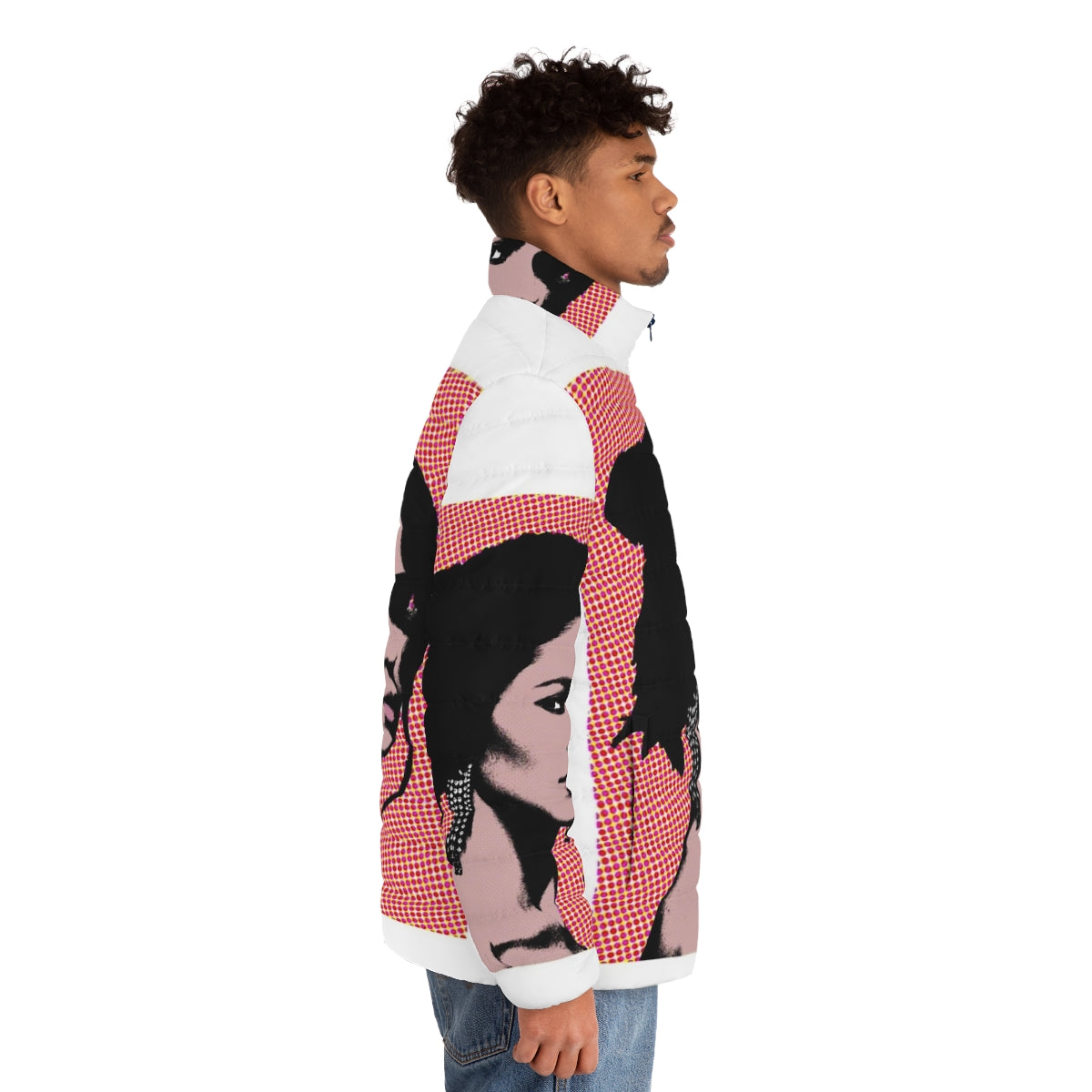 Vibrant marina pop art puffer jacket with electra heart and love and fear design - men side right