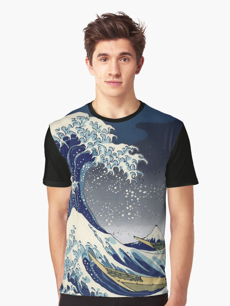 Image of the Great Wave off Kanagawa, a famous woodblock print by the Japanese artist Hokusai, featured on a vintage-style graphic t-shirt. - Men