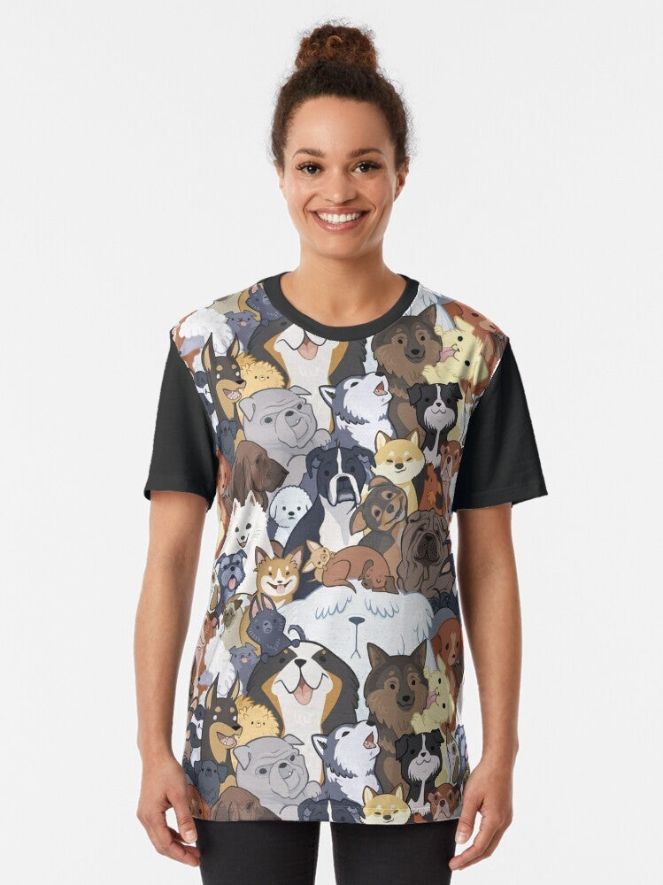 Graphic t-shirt featuring a colorful, playful design of various dog breeds, including german shepherd, golden retriever, and more, in a "pupper party" theme. - Women