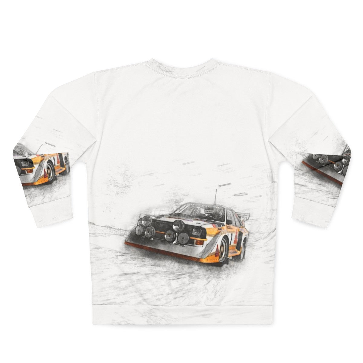 Rally car illustration sweatshirt for motorsport enthusiasts - Back