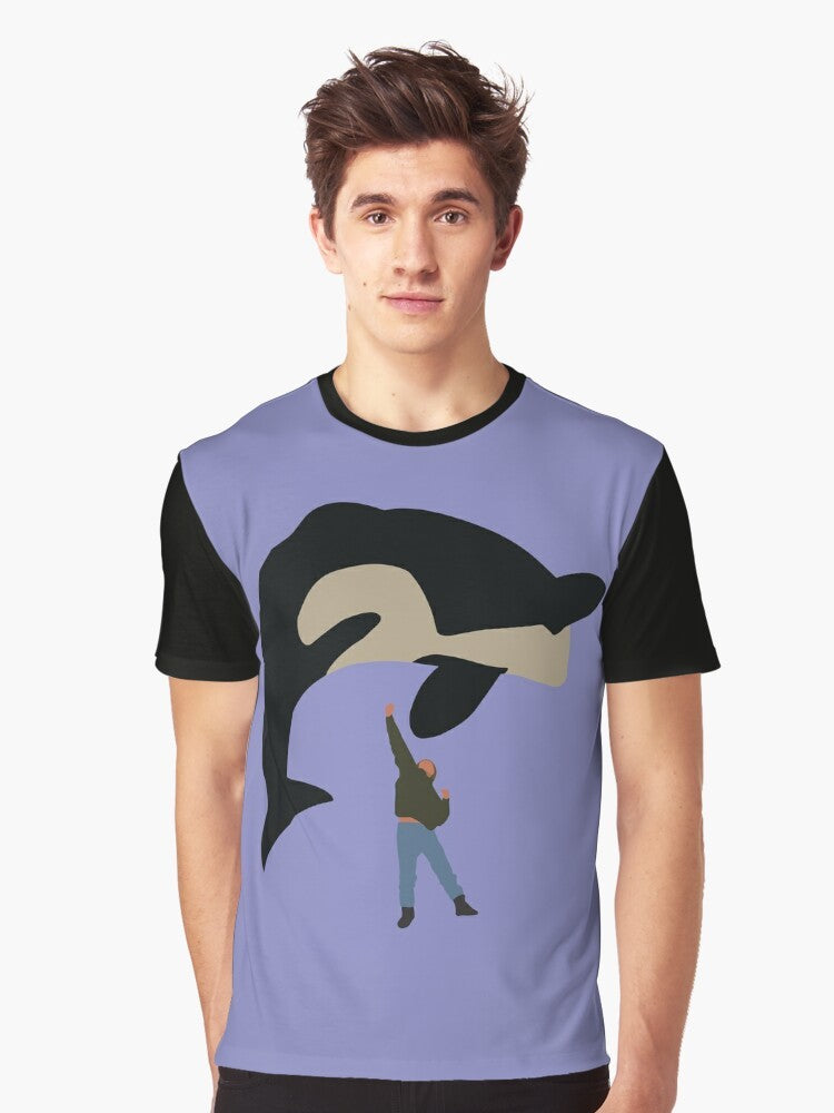 A minimalist, flat art graphic t-shirt featuring the iconic Free Willy whale on a white background. - Men