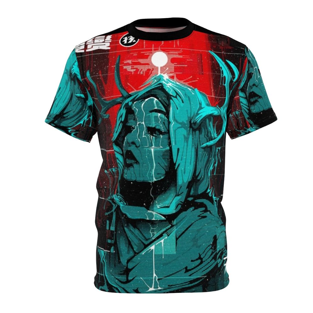 Cyberpunk inspired T-shirt design featuring a futuristic glitch girl in an urban style