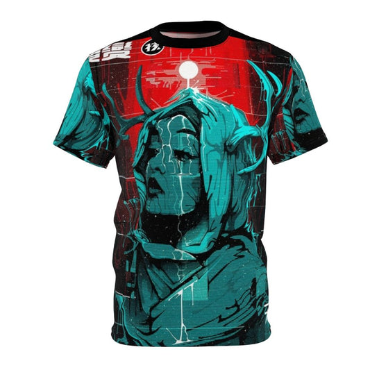 Cyberpunk inspired T-shirt design featuring a futuristic glitch girl in an urban style