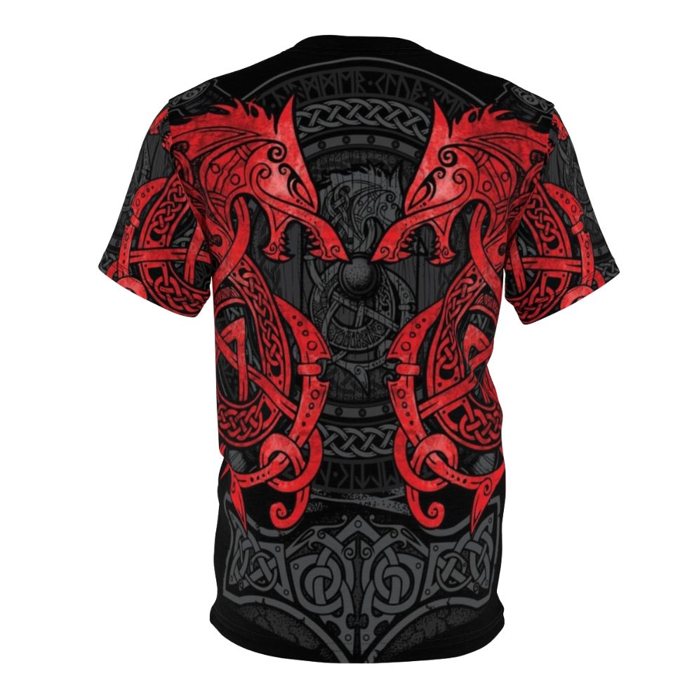 T-shirt featuring a Norse mythology-inspired design with the wolf Fenrir, Celtic knots, and runes - Back