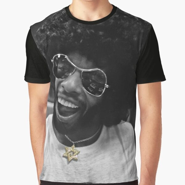 Black and white graphic t-shirt with Sly Stone and a recording studio scene