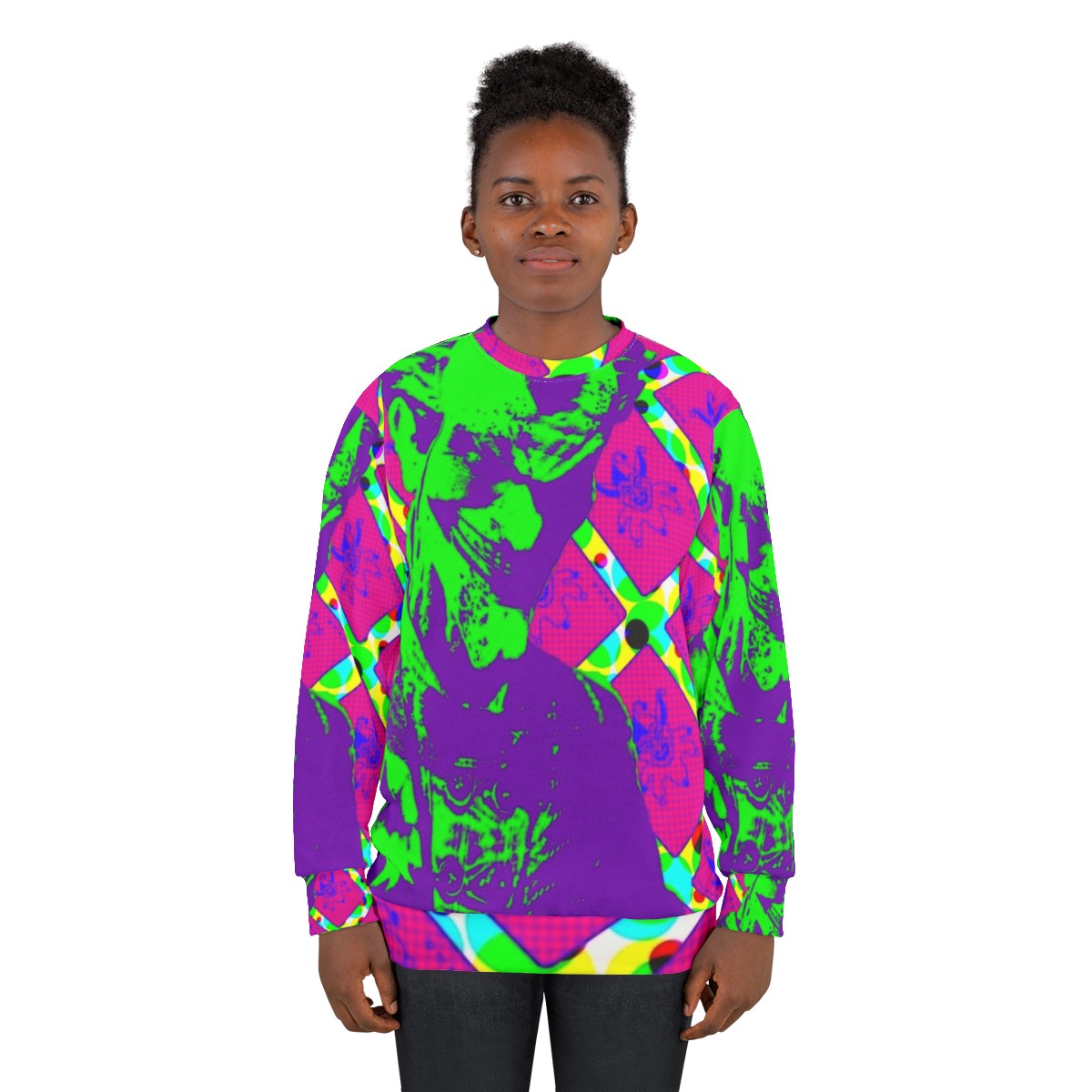 Psychedelic clown prince of crime pop art graphic on sweatshirt - women