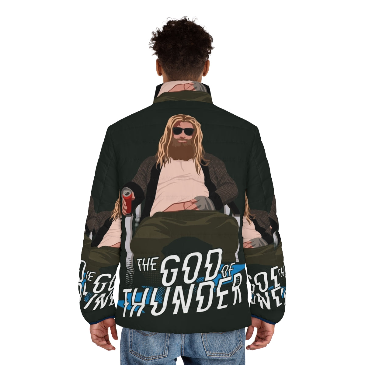 The God of Thunder Puffer Jacket featuring a Thor-inspired design with lightning bolts and Avengers elements - men back