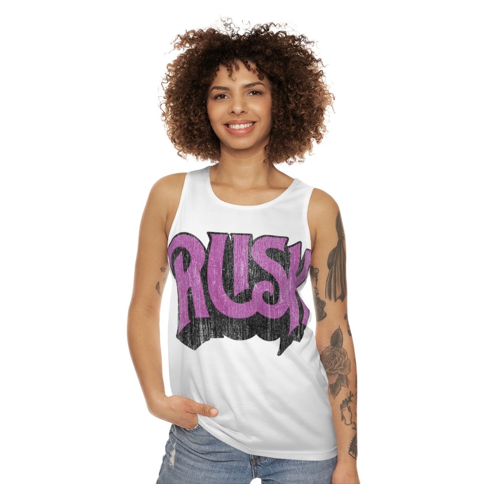 Unisex rush band distressed logo tank top - women