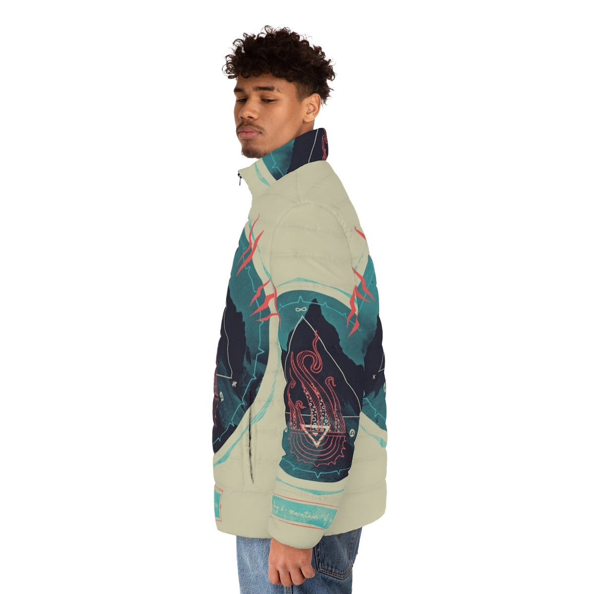 Puffer jacket with Lovecraft-inspired mountain and occult design - men side left