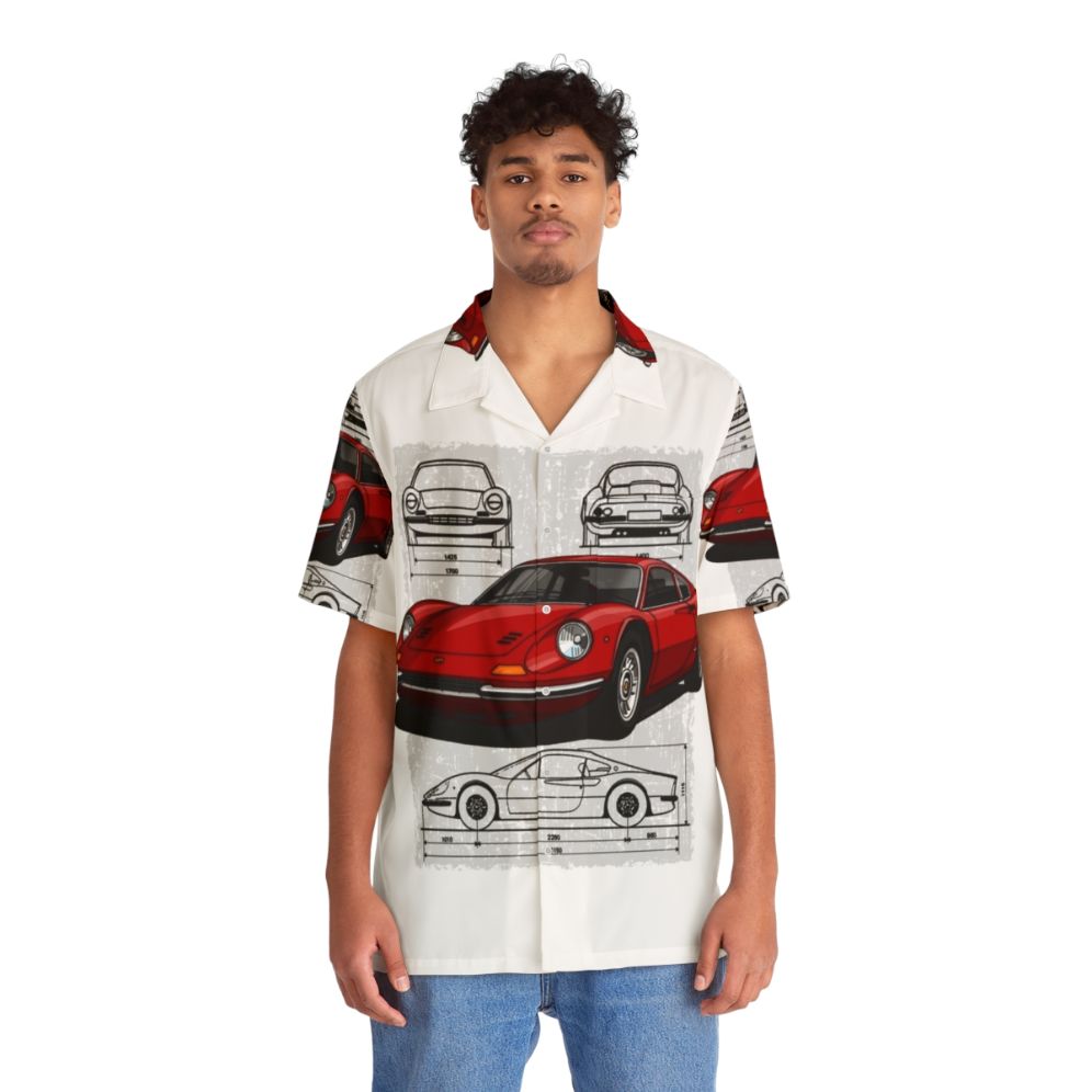 Illustration of the classic Ferrari Dino 206 GTB sports car on a Hawaiian shirt - People Front