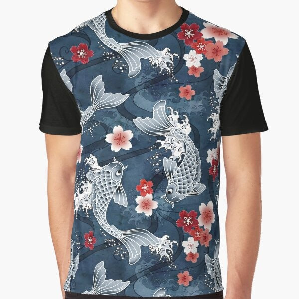 Graphic t-shirt featuring a koi fish swimming amidst sakura blossoms in a blue watercolor-style design