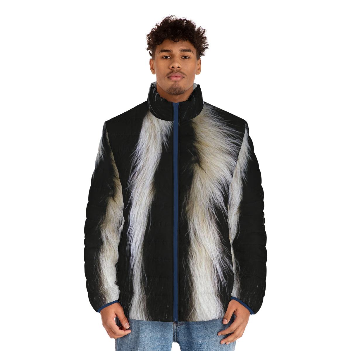 Skunk-inspired puffer jacket with bold black and white stripes - men front