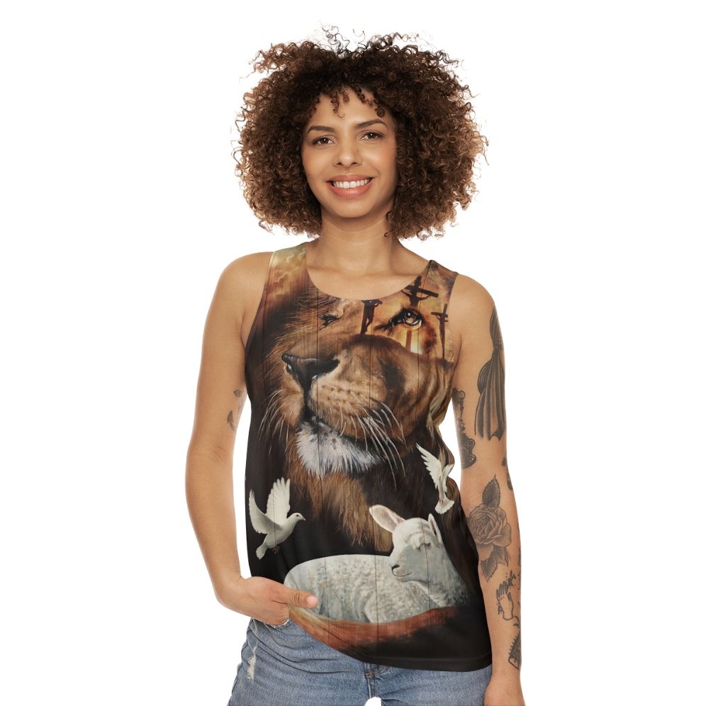 Unisex Christian tank top with the Lion of Judah and the Lamb of God - women