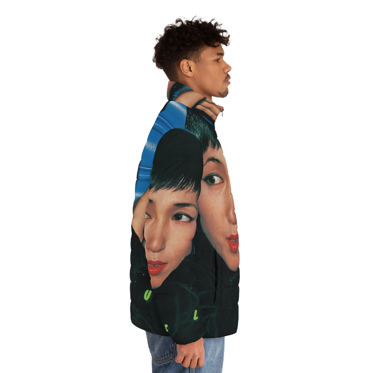 Junko Ohashi inspired vaporwave puffer jacket with retro 80s 90s colorful aesthetic - men side right