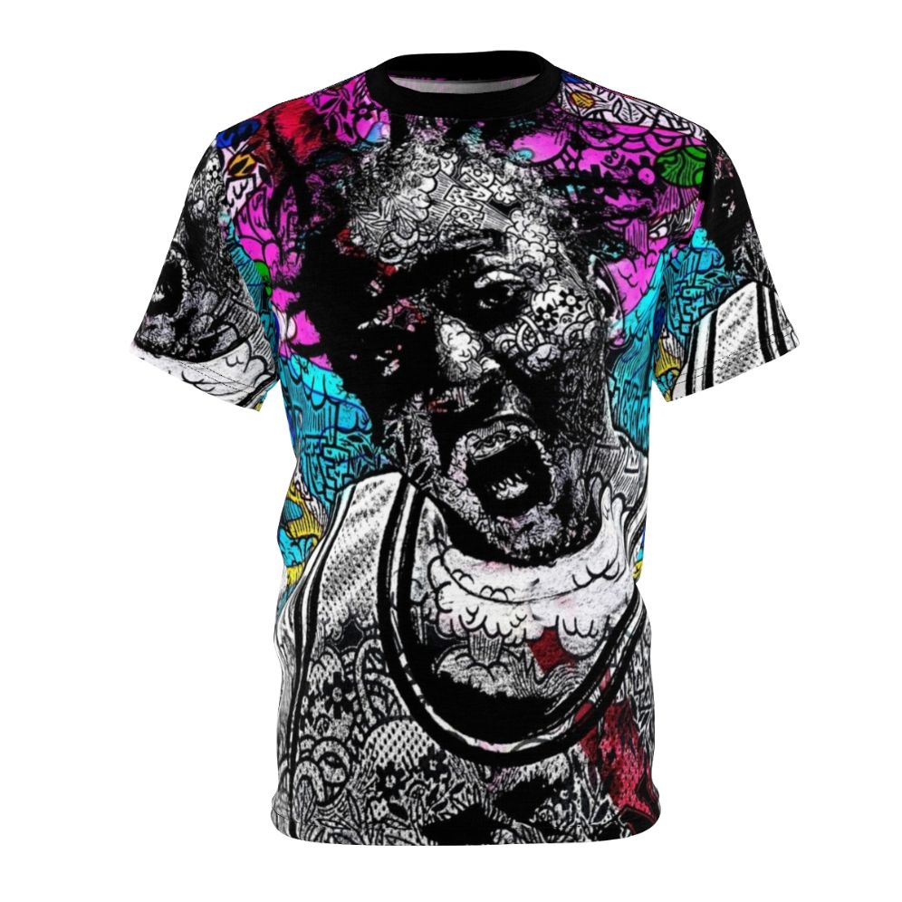 Vibrant all-over-print t-shirt featuring a bold graphic design inspired by the iconic Wu-Tang Clan member Ol' Dirty Bastard