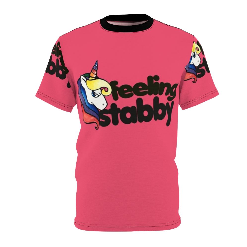 Playful unicorn graphic with the text "Feeling Stabby" on a t-shirt