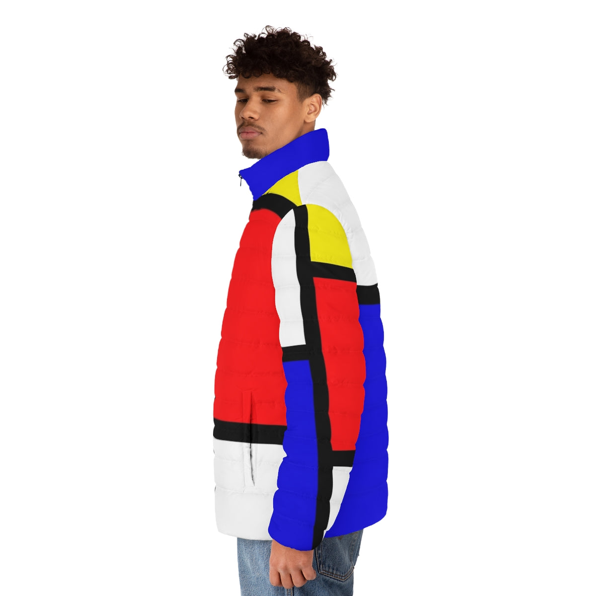 Mondrian inspired geometric puffer jacket in bold primary colors - men side left