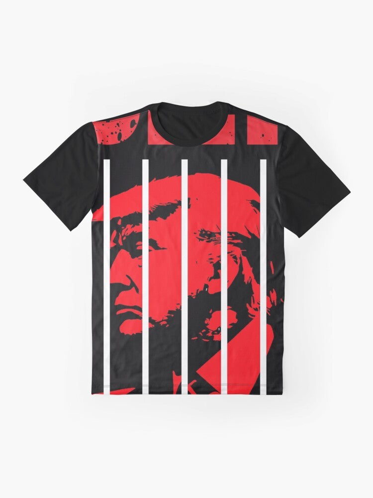 Graphic t-shirt featuring text "Indicted!" with focus on Trump and US politics - Flat lay