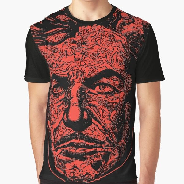 A red graphic t-shirt featuring "The Red Death" design, inspired by the classic horror story and Vincent Price's character.