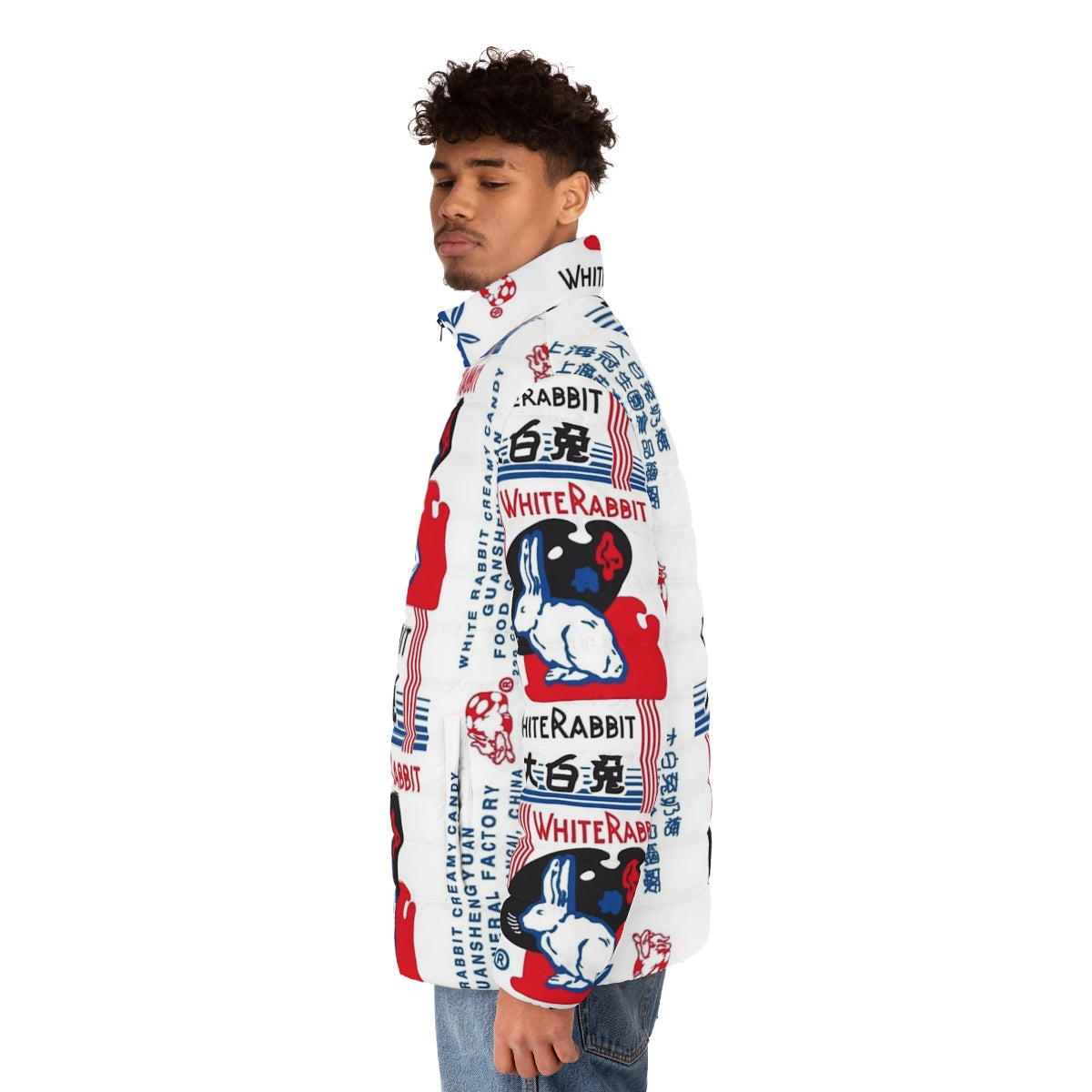 Cozy white puffer jacket featuring the iconic White Rabbit candy design - men side left