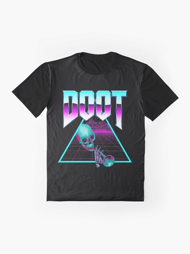 Outrun vaporwave and synthwave graphic t-shirt with retro 80s/90s aesthetic, palm trees, and meme-inspired "doot" design - Flat lay