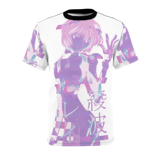 Vaporwave-inspired all-over-print t-shirt with Rei Ayanami glitch art design