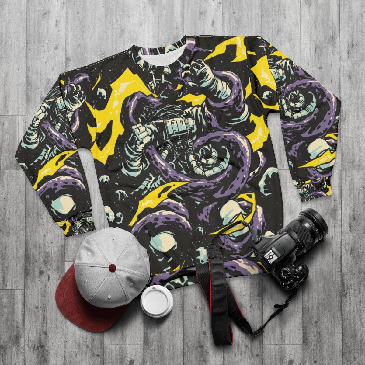 Intergalactic Space Trap Sweatshirt - Cosmic Clash of Astronaut vs. Alien - flat lay