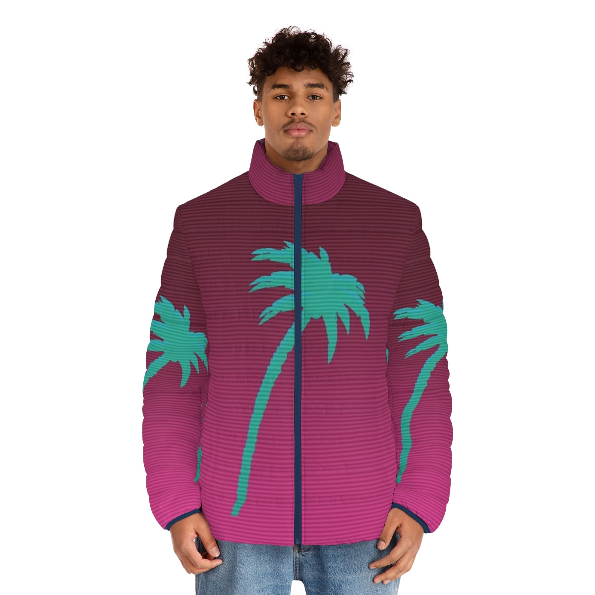 Hotline Miami-inspired puffer jacket with palmtree design, perfect for vaporwave and 80s video game fans - men front