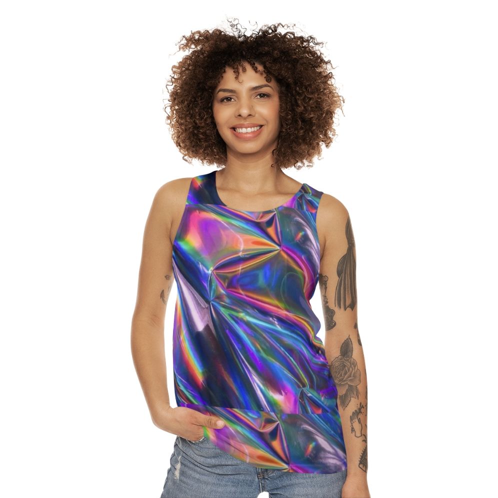 Holographic unisex tank top with iridescent, color-shifting material - women