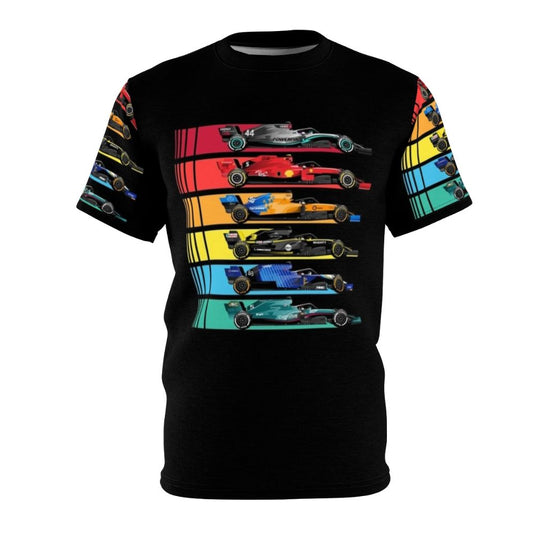 Graphic T-shirt featuring a vibrant design of formula racing cars for motorsport enthusiasts