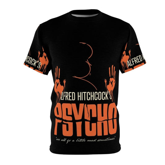 Vintage inspired t-shirt featuring an abstract portrait design of iconic director Alfred Hitchcock and references to his classic thriller film "Psycho"