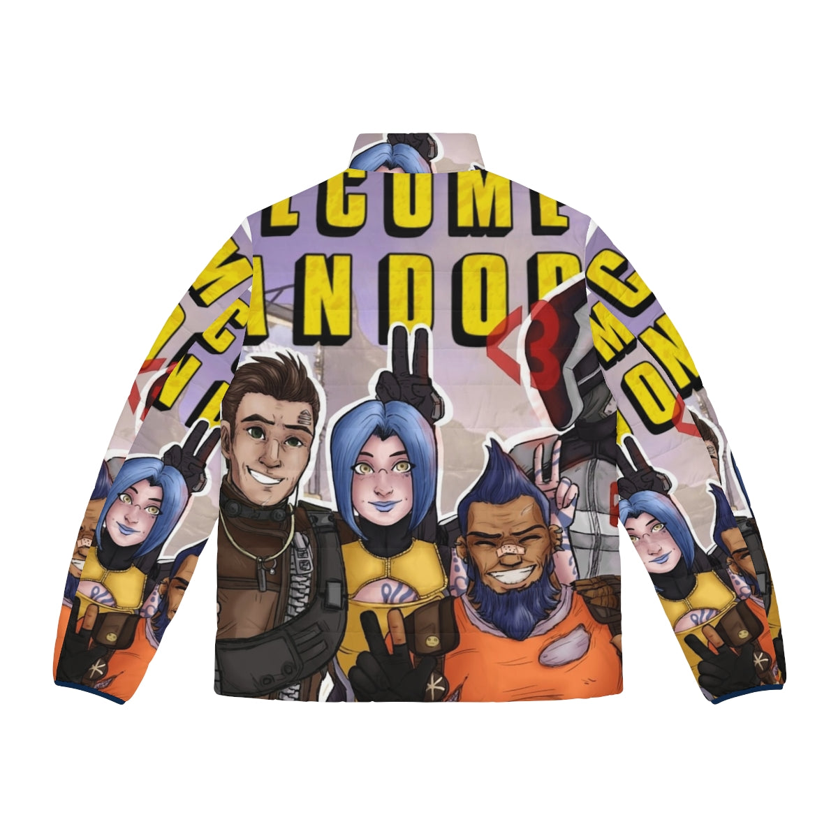 Borderlands Pandora Puffer Jacket featuring Zer0, Maya, Axton, and Salvador - Back