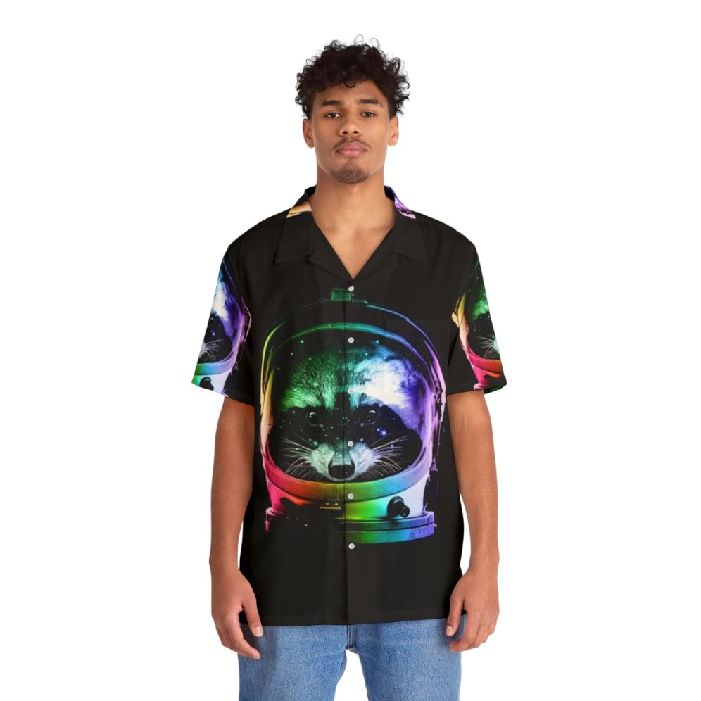 Astronaut raccoon wearing a vibrant Hawaiian shirt in space - People Front