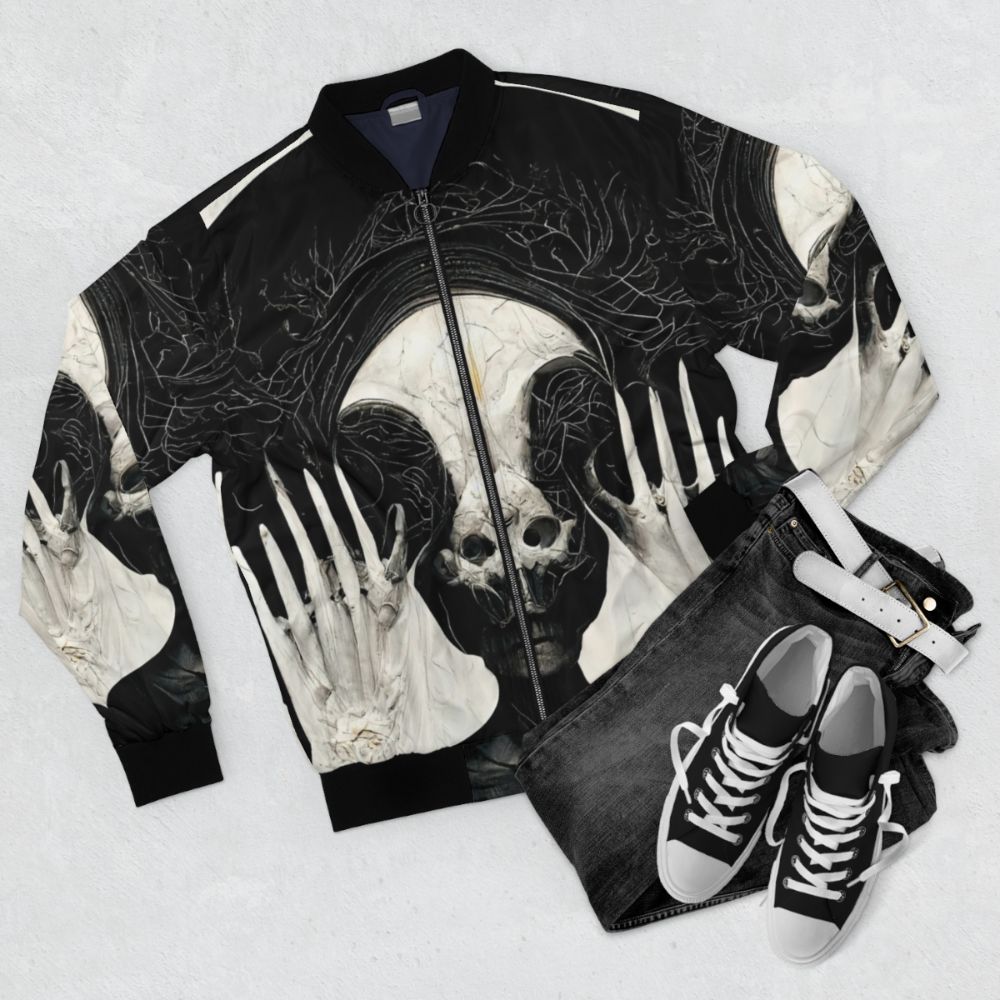 HR Giger Necronomicon Bomber Jacket featuring dark, fantasy AI-generated artwork - Flat lay